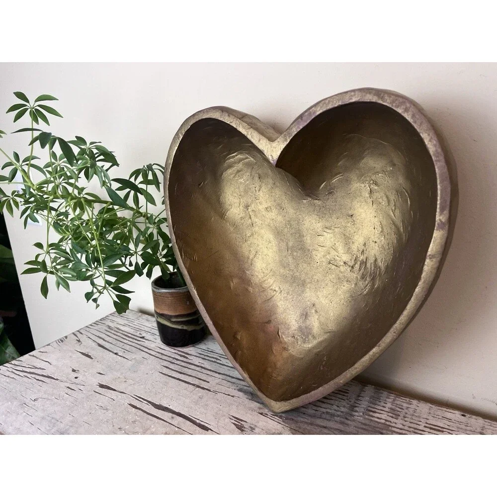 Charming Vintage Hand Carved Wooden Heart Bowl Gold Painted 13”x12”